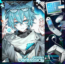 Rule 34 | 1boy, abstract background, ahoge, animal ears, artist name, blue eyes, cat ears, cellphone, character chart, chromatic aberration, collage, collar, commission, computer, computer mouse, controller, detached eyes, detached sleeves, ear piercing, earbuds, earphones, eyewear on head, fangs, flip phone, frilled collar, frills, game controller, glitch, glowing, glowing eyes, grey jacket, hair over one eye, holding, ice background, jacket, kamika, long sleeves, looking at viewer, male focus, messy hair, open clothes, open jacket, original, paw print, phone, piercing, portrait, puzzle piece, reference sheet, retro artstyle, scanlines, short hair, simple background, slit pupils, smirk, smug, solo focus, straight-on, tachi-e, turtleneck, upper body, v, vaporwave, watermark