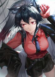Rule 34 | 1girl, animal ear piercing, animal ears, arknights, black hair, black jacket, black shorts, collared shirt, cowboy shot, gloves, hair between eyes, hand up, highres, jacket, long hair, long sleeves, necktie, official alternate costume, open clothes, open jacket, parted lips, ponytail, red eyes, red gloves, red shirt, shirt, shorts, solo, striped clothes, striped shorts, texas (arknights), texas (willpower) (arknights), vertical-striped clothes, vertical-striped shorts, washuu, wolf ears, wolf girl