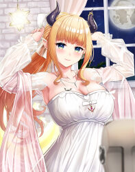 1girl arms_up bedroom binaural_microphone black_horns blonde_hair blush bow breast_tattoo breasts chocolat-chan_(yuzuki_choco) cleavage closed_mouth commentary_request demon_horns detached_sleeves dress empire_waist full_moon green_eyes hair_bow half_updo high_ponytail highres hololive horn_ornament horn_ring horns indoors large_breasts long_hair long_sleeves looking_at_viewer microphone moon nightgown official_alternate_costume official_alternate_hairstyle pink_shawl pointy_ears ponytail see-through_bow see-through_clothes see-through_shawl see-through_sleeves shawl sidelocks sleepwear smile solo strapless strapless_dress suzuki_(white-world) tattoo virtual_youtuber white_dress window winged_heart winged_heart_tattoo yuzuki_choco yuzuki_choco_(sleepwear)