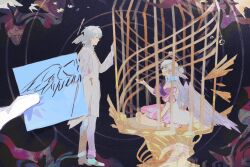 1boy 1girl abstract_background angel_wings ankle_strap aqua_eyes bare_shoulders bird birdcage black_background blue_hair brother_and_sister cage closed_eyes closed_mouth coat commentary detached_sleeves drawn_wings dress earrings english_commentary feathered_wings from_side frown full_body gloves grey_hair grey_pants hair_between_eyes hair_bun half_updo halo halo_behind_head head_wings highres holding holding_paper honkai:_star_rail honkai_(series) in_cage jewel_under_eye jewelry long_hair long_sleeves looking_at_another medium_hair milktea543 multicolored_eyes out_of_frame pants paper parted_lips pink_dress pink_shoes profile purple_eyes reaching reaching_towards_another revealing_layer robin_(honkai:_star_rail) shoes short_sleeves siblings sitting smile standing strapless strapless_dress sunday_(honkai:_star_rail) two-tone_dress two-tone_eyes wariza white_coat white_dress white_gloves white_wings wings