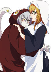 1boy 1girl apron bad_id bad_pixiv_id bidarian black_dress blonde_hair blush closed_mouth coat dress glasses green_eyes grey_hair long_hair long_sleeves naruto_(series) naruto_shippuuden ninja open_mouth red_coat round_eyewear simple_background slit_pupils snake veil waist_apron white_apron white_background yakushi_kabuto yakushi_nonou yellow_eyes