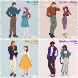 4boys 4girls absurdres aladdin_(movie) ariel_(disney) beauty_and_the_beast_(disney) belle_(disney) black_hair brown_eyes casual company_connection dark-skinned_female dark_skin earrings eric_(disney) hercules_(1997_movie) hercules_(disney) highres jasmine_(disney) jewelry long_hair looking_at_viewer megara_(disney) mizala multiple_boys multiple_girls prince_adam_(disney) smile the_little_mermaid_(disney)