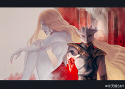 1boy 1girl absurdres baldur&#039;s_gate baldur&#039;s_gate_3 blonde_hair blood blood_on_hands brother_and_sister cape dragon_boy dragonborn_(d&amp;d) dungeons_&amp;_dragons dungeons_&amp;_dragons foreshortening furry furry_male hair_down highres knees_up letterboxed long_hair looking_at_viewer nude orin_the_red outstretched_arm pale_skin red_cape red_eyes siblings sitting skyorange the_dark_urge_(baldur&#039;s_gate) upper_body watermark wavy_hair weibo_watermark