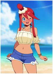 Rule 34 | 1girl, ;d, absurdres, bare shoulders, beach, blue eyes, blue shorts, blurry, blurry background, border, collarbone, commentary, cowboy shot, crop top, english commentary, highres, looking at viewer, mcarthur1010, navel, nintendo, official alternate costume, one eye closed, open mouth, pokemon, pokemon masters ex, red hair, short hair with long locks, short shorts, shorts, sidelocks, skyla (pokemon), skyla (summer 2025) (pokemon), smile, solo, white border