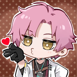 1boy ahoge artist_request black_gloves blowing_kiss chibi chibi_only chinese_commentary girls&#039;_frontline girls&#039;_frontline_neural_cloud gloves heart jacket lowres male_focus official_art pink_hair second-party_source single_glove solo tony_(neural_cloud) white_jacket yellow_eyes