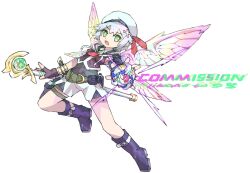 Rule 34 | absurdres, artist name, biometal, black boots, black jacket, black shirt, boots, character request, commission, copyright request, fairy wings, full body, green eyes, grey hair, highres, holding, holding staff, iikoao, jacket, mega man (series), mega man zx, original, purple wings, shirt, short hair, shorts, simple background, solo, staff, white background, white shorts, white wings, wings, yellow wings