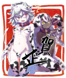2girls absurdres animal_ears animal_print bell belly bikini blush breasts claws collar cow_ears cow_horns cow_print cow_print_bikini cow_print_sleeves cow_print_thighhighs cowbell dark-skinned_female dark_skin faputa green_hair highres hip_bones horns kneeling lifting_own_clothes made_in_abyss medium_breasts monster_girl multiple_girls navel open_mouth print_bikini print_thighhighs prushka red_eyes side-tie_bikini_bottom swimsuit thighs tomp_son underboob yellow_eyes