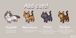 abyssinian_cat animal animal_focus bengal_cat bilingual_text blue_eyes brown_cat cat commentary english_commentary english_text grey_cat korat mixed-language_text no_humans original pixel_art ragdoll_(cat) simple_background spotted_fur yellow_eyes yuuki_mokuya