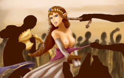 1girl blue_eyes breasts breasts_out brown_hair defeat dress faceless faceless_male grabbing_another&#039;s_hair helpless imminent_death multiple_boys nintendo nipples open_mouth outdoors pointy_ears princess princess_zelda the_legend_of_zelda the_legend_of_zelda:_twilight_princess tiara torn_clothes veiled616