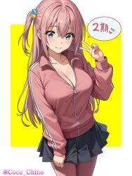 Rule 34 | 1girl, blue eyes, blush, bocchi the rock!, border, breasts, cleavage, closed mouth, coco chino, collarbone, cowboy shot, cube hair ornament, gotoh hitori, grey skirt, hair between eyes, hair intakes, hair ornament, highres, jacket, large breasts, long hair, long sleeves, miniskirt, outside border, pants, pants under skirt, partially unzipped, pink hair, pink jacket, pink pants, pleated skirt, side ponytail, skirt, skirt tug, smile, solo, speech bubble, standing, track jacket, track pants, track uniform, v, very long hair, white border, yellow background, zipper pull tab