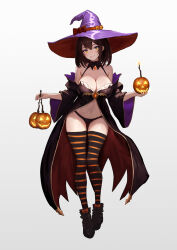 1girl bare_shoulders breasts brown_dust_(series) brown_dust_2 cape choker cleavage food halloween_costume haruyuki_(karem) hat holding holding_food holding_pumpkin holding_vegetable lace large_breasts leggings looking_at_viewer midriff pumpkin scheherazade_(brown_dust) short_hair vegetable wide_sleeves witch_hat