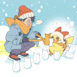1boy absurdres ash_ketchum black_hair blue_coat blush brown_eyes coat facial_mark gen_1_pokemon gloves hat highres holding male_focus nintendo open_mouth orange_scarf outdoors pants pikachu pkgllllllv pokemon pokemon_(anime) pokemon_(creature) scarf smile snow snowball standing tail winter winter_clothes winter_coat winter_uniform