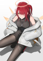 1girl :q absurdres arknights bare_shoulders black_shirt black_shorts brown_pantyhose closed_mouth commentary detached_wings exusiai_(arknights) exusiai_the_new_covenant_(arknights) gradient_background grey_background grey_jacket hair_over_one_eye halo highres jacket looking_at_viewer medium_hair off_shoulder one_eye_covered one_side_up pantyhose r_oot red_hair shirt short_shorts shorts sleeveless sleeveless_shirt smile solo tongue tongue_out traditional_halo white_background wings yellow_eyes yellow_halo