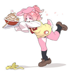1girl banana banana_peel black_panties body_fur closed_eyes commentary_request food fruit full_body furry furry_female holding holding_tray kikurage_(crayon_arts) noodles original panties pink_fur pink_hair ponytail rabbit_girl ramen shirt short_hair simple_background sleeveless sleeveless_sweater sleeves_past_fingers sleeves_past_wrists solo standing standing_on_one_leg sweater tail tray underwear white_background white_shirt yellow_sweater