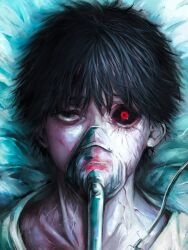 Rule 34 | 1boy, absurdres, bed, black eyes, black hair, black sclera, collarbone, colored sclera, dilated pupils, heterochromia, highres, hospital, hospital bed, hospital gown, kaneki ken, looking at viewer, lying, male focus, mask, mismatched sclera, neck, on back, on bed, oxygen mask, pillow, realistic, red eyes, respirator, short hair, solo, tokyo ghoul, tube, veins, xa8uofivf2mcart