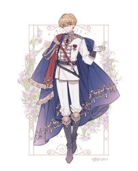 Rule 34 | 1boy, belt, black belt, black boots, blonde hair, boots, brown eyes, cape, closed mouth, commentary, commission, floral background, flower, full body, gem, gloves, knee pads, lemon89h, long sleeves, looking at viewer, male focus, military rank insignia, military uniform, original, pants, red gemstone, rococo movement, side cape, solo, standing, white gloves, white pants, yellow eyes