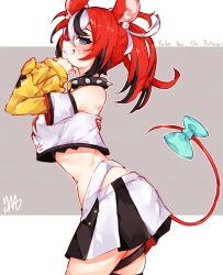 1girl animal_ears black_skirt black_streaks blue_eyes collar cowboy_shot detached_sleeves from_side grey_background grin hakos_baelz hakos_baelz_(1st_costume) highres hololive hololive_english looking_at_viewer ma_draws medium_hair mouse_ears mouse_tail multicolored_hair navel paid_reward_available parted_bangs pleated_skirt puffy_sleeves red_hair ribbon sharp_teeth shirt skirt smile solo spiked_collar spikes stomach strapless streaked_hair tail tail_ornament tail_ribbon teeth thigh_strap tube_top two-tone_background two-tone_skirt virtual_youtuber white_background white_skirt white_streaks yellow_sleeves