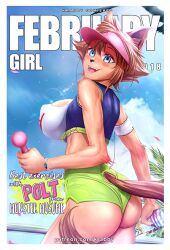 Rule 34 | 1girl, 2018, animal ears, ass, blue eyes, blue sky, blue sports bra, blush, border, bottle, breasts, brown hair, commentary, cowboy shot, crop top, day, dog ears, dog girl, dog tail, earbuds, earphones, earphones on animal ears, english commentary, english text, exercising, february, from behind, green shorts, hat, krabbytheartist, large breasts, looking at viewer, looking back, monster musume no iru nichijou, open mouth, outdoors, painttool sai (medium), patreon username, pink hat, polt, short hair, shorts, sky, smile, solo, sports bra, tail, visor cap, water bottle, watermark, web address, weightlifting, white border