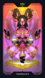 3girls bdsm bondage bound breast_milk breasts covered_erect_nipples cum curled_horns demon demon_girl demon_horns earrings ejaculation futanari gold_earrings highres horns jewelry lactating_into_container lactation large_breasts large_ears large_penis long_horns multiple_girls multiple_rings navel original penis ring tailbox tarot temperance_(tarot) thick_thighs thighhighs thighs veil white_thighhighs