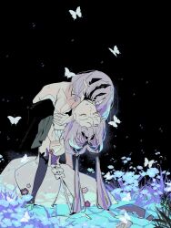 2girls arched_back back_bow backless_dress backless_outfit bandaged_arm bandages black_background black_butterfly black_gloves black_mask black_sky blue_flower bob_cut bow breasts bug butterfly butterfly_hair_ornament castorice_(honkai:_star_rail) chest_sarashi cleavage closed_eyes commentary_request d0600059994959 dress elbow_gloves expressionless field flower flower_field forehead from_behind gloves hair_ornament hair_tubes half_mask highres honkai:_star_rail honkai_(series) hug incest insect kiss kissing_neck korean_commentary leaning_back long_hair low_twintails mask mask_over_one_eye medium_breasts multiple_girls night night_sky outdoors parted_lips pointy_ears polyxia_(honkai:_star_rail) purple_hair sarashi short_hair siblings sisters sitting sky sleeping too_many too_many_butterflies twincest twins twintails u_u white_bow white_butterfly white_dress yuri
