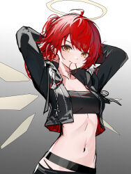 Rule 34 | 1girl, absurdres, arknights, bandeau, black background, black bandeau, black jacket, breasts, chinese commentary, closed mouth, commentary request, crop top, cropped jacket, exusiai (arknights), exusiai the new covenant (arknights), grey background, hair tie, hair tie in mouth, halo, highres, jacket, long sleeves, looking at viewer, medium hair, mouth hold, navel, open clothes, open jacket, red hair, sketch, small breasts, solo, stomach, traditional halo, tying hair, white background, ye yu (pixiv 17156650), yellow eyes, yellow halo
