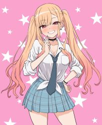 Rule 34 | 1girl, absurdres, alternate costume, blonde hair, blue skirt, blush, breasts, cleavage, cowboy shot, ear piercing, earrings, gradient hair, highres, jewelry, kitagawa marin, large breasts, long hair, miniskirt, multicolored hair, parted lips, piercing, pink background, pink hair, pleated skirt, red eyes, shirt, simple background, skirt, smile, solo, sono bisque doll wa koi wo suru, star (symbol), twintails, two-tone hair, white shirt, yoshikirino