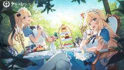2girls alternate_costume apron azur_lane black_bow blonde_hair blue_dress blue_eyes blunt_bangs blurry bow bug butterfly cake cake_slice candelabra candle candlestand chair croissant crossed_legs crown cup day depth_of_field dress drinking_glass enmaided fang flower food frilled_apron frilled_dress frilled_gloves frills fruit_tart gloves hair_bow highres icarus_(at_your_service)_(azur_lane) icarus_(azur_lane) insect jam long_hair looking_at_viewer macaron maid maid_headdress mini_crown multiple_girls official_alternate_costume official_art open_mouth outdoors pantyhose pastry queen_elizabeth_(azur_lane) queen_elizabeth_(yes_your_maidness!)_(azur_lane) saucer sitting skin_fang smile sunlight table tart_(food) teacup teapot tiered_tray tray ttosom vase wavy_hair white_apron white_bow white_gloves white_legwear wine_glass