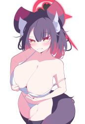1girl absurdres alternate_costume alternate_hair_length alternate_hairstyle amebrew animal_ear_fluff animal_ears black_hair black_thighhighs blue_archive bra breasts cleavage colored_inner_hair fox_ears fox_girl fox_tail highres large_breasts looking_at_viewer multicolored_hair panties red_hair solo tail thighhighs two-tone_hair underwear wakamo_(blue_archive) white_bra white_panties yellow_eyes