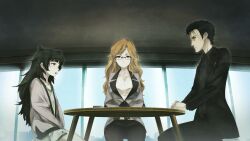 1boy 2girls beard_stubble belt belt_buckle black_cardigan black_hair black_jacket black_pants black_pantyhose black_shirt blonde_hair blouse blunt_bangs breast_pocket breasts buckle cardigan chair closed_mouth clothing_request collar collarbone collared_shirt dress expressionless facial_hair flat_chest game_cg glasses green_collar green_dress green_eyes green_hair green_trim grey_jacket hair_between_eyes hands_on_table high_heels highres hiyajou_maho huke indoors jacket jacket_over_dress jitome kiryuu_moeka lapels large_breasts long_hair long_sleeves looking_at_another looking_at_viewer messy_hair miniskirt multiple_girls non-web_source notched_lapels object_in_pocket office_lady official_art okabe_rintarou okabe_rintarou_(beta) on_chair open_mouth pants pantyhose pen_in_pocket pink_eyes pocket ringed_eyes serious shirt shoes short_hair sideburns_stubble sitting skirt steins;gate steins;gate_0 stubble table thick_eyebrows thick_thighs thighs very_long_hair white_shirt white_shoes window yellow_eyes