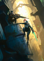 1boy 1girl ammunition_belt bodysuit climbing darren_tan exitus_rifle gun highres holding holding_gun holding_weapon laser_sight mask official_art rifle scenery scope sniper_rifle statue vindicare_assassin warhammer_40k weapon wrist_blades