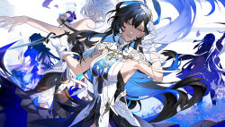 absurdres black_hair blue_eyes blue_hair breasts cino_(cappuccino) flower gears hair_ornament highres long_hair looking_at_viewer medium_breasts multicolored_hair punishing:_gray_raven purple_flower selena:_pianissimo_(pgr) selena_(pgr) sideboob silhouette smile teeth two-tone_hair very_long_hair white_background white_hair