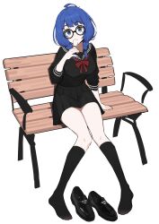 Rule 34 | 1girl, absurdres, ahoge, ankle socks, bench, black serafuku, black shirt, blue eyes, blue hair, braid, breasts, food, glasses, highres, ice cream, lan mao akko, loafers, long hair, looking at viewer, low twin braids, make heroine ga oo sugiru!, medium breasts, neckerchief, on bench, pleated skirt, red neckerchief, sailor collar, school uniform, serafuku, shirt, shoes, sitting, skirt, socks, twin braids, white background, yanami anna
