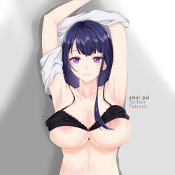 1girl absurdres amai-pai areola_slip armpits bra bra_lift bra_slip breasts cleavage unworn_clothes genshin_impact highres large_breasts nipple_slip nipples partially_undressed purple_eyes purple_hair raiden_shogun seductive_smile smile solo underwear undressing upper_body