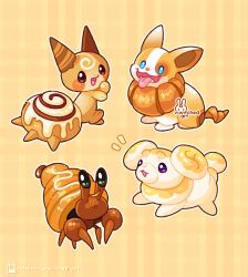 :d blue_eyes cinnamon_roll commentary creatures_(company) dwebble fangs fidough food game_freak gen_4_pokemon gen_5_pokemon gen_8_pokemon highres nintendo no_humans notice_lines open_mouth pachirisu parted_lips pastry patreon_logo patreon_username pokemon pokemon_(creature) purple_eyes smile tongue tongue_out viwitched_art watermark yamper