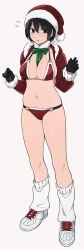 1girl absurdres bikini black_eyes black_gloves black_hair bow breasts cape detached_collar full_body fur-trimmed_bikini fur-trimmed_headwear fur_trim gloves green_bow grey_background hat highres kemuri_haku kurokami_shorto-chan_(kemuri_haku) large_breasts loose_socks navel original red_bikini red_cape santa_bikini santa_costume santa_hat shoes short_hair simple_background sneakers socks solo swimsuit