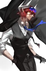 1boy absurdres alternate_costume aotu_world belt black_belt black_gloves black_jacket black_pants black_vest blue_necktie collared_shirt cowboy_shot eyewear_on_head floating_neckwear formal_clothes gloves goggles goggles_on_head hair_between_eyes hand_in_pocket headgear highres holding holding_weapon jacket jacket_on_shoulders looking_at_viewer male_focus necktie pants parted_lips pius_(aotu_world) pointy_ears red_eyes red_hair scar scar_on_face shirt short_hair simple_background sleeves_rolled_up smile solo suit teeth vest waterrice11 weapon white_background white_shirt