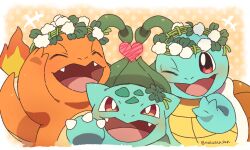 artist_name blue_skin blush bright_pupils brown_eyes bulbasaur charmander closed_eyes colored_skin creatures_(company) fangs flame-tipped_tail flower_wreath game_freak gen_1_pokemon head_wreath heart looking_at_viewer nintendo no_humans one_eye_closed open_mouth orange_skin pokemon pokemon_(creature) roku_(rokkrn) squirtle starter_pokemon_trio upper_body white_pupils