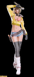 10s 1girl 3d belt black_background boots breasts cidney_aurum cleavage cropped_jacket female_focus final_fantasy final_fantasy_xv full_body hat midriff navel official_art panties short_shorts shorts simple_background solo square_enix thighhighs underwear