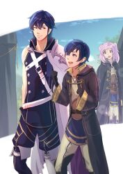 1girl 2boys armor belt black_gloves black_robe blue_eyes blue_hair blue_pants blue_shirt brown_belt chrom_(fire_emblem) closed_mouth father_and_son female_robin_(fire_emblem) fire_emblem fire_emblem_awakening gloves hair_between_eyes highres hooded_robe looking_at_another male_morgan_(fire_emblem) mother_and_son multiple_boys nintendo open_clothes open_robe pants pink_eyes pink_hair riou_(pooh920) robe shirt shoulder_armor smile walking white_pants white_shirt wide_sleeves