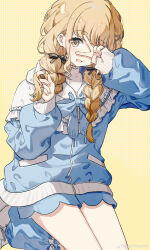 1girl absurdres alternate_costume blonde_hair braid casual chinese_commentary commentary_request french_braided_twintails fujita_kotone gakuen_idolmaster hair_between_eyes hair_ornament hand_over_eye hands_up highres idolmaster kneeling long_hair long_sleeves looking_at_viewer migolu open_mouth ribbon simple_background smile solo twin_braids v watermark weibo_watermark yellow_background yellow_eyes