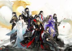 3girls 5boys armor bare_shoulders belt black_gloves black_hair black_robe black_shoes black_thighhighs blue_sleeves breasts brown_hair character_request chinese_clothes chinese_commentary circlet cleavage cliff closed_mouth commentary_request crossed_arms crossed_legs detached_sleeves dragon dress eastern_dragon everyone full_body glaive_(polearm) gloves gradient_sleeves hand_on_hilt hand_on_own_hip holding holding_behind_back holding_polearm holding_weapon holding_weapon_behind_back large_breasts light_particles lipstick long_hair makeup monocle multiple_boys multiple_girls nishui_han outdoors pauldrons polearm purple_dress red_lips robe shoes short_hair shoulder_armor sitting sky sleeveless sleeveless_dress smile standing thigh_belt thigh_strap thighhighs weapon white_dress white_sky white_sleeves wide_sleeves ye_dian_pikaqiu