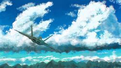 absurdres aircraft airplane cloud cloudy_sky commentary day english_commentary f-22_raptor fighter_jet flying high_up highres military_vehicle mountainous_horizon no_humans original shinji_(shinjisq) signature sky vehicle_focus