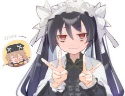 2girls bags_under_eyes black_dress black_hair black_hat blush bow brown_hair capelet chibi chibi_inset double_v dress el_mofus el_mofus_(brown_hair_female) embarrassed frilled_dress frills full-face_blush hair_bow hairband hands_up hat jitome kaniniku_tarou lolita_hairband long_hair long_sleeves looking_at_viewer mix_tou multiple_girls multiple_hair_bows nervous_sweating rance_(series) rance_x red_eyes simple_background spoken_character sweat twintails upper_body v v-shaped_eyebrows white_background white_bow white_capelet