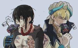 2boys ^^^ bad_food black_hair blonde_hair commentary_request eating fate/grand_order fate_(series) gauntlets gilgamesh gilgamesh_(caster)_(fate) gilgamesh_(fate) grey_background hair_between_eyes holding horns long_hair mi_(pic52pic) multiple_boys nausea simple_background sweat sweatdrop nervous_sweating tattoo tentacles translation_request wristband yan_qing_(fate) yellow_eyes