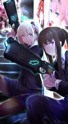2girls absurdres alternate_eye_color black_hair black_jacket black_pantyhose black_ribbon blonde_hair blue_eyes blue_pants blue_skirt commentary_request darling_in_the_franxx dominator_(gun) exit_sign finger_on_trigger gun hair_ribbon highres holding holding_gun holding_weapon inoue_takina jacket long_hair long_sleeves lycoris_recoil multiple_girls nishikigi_chisato one_side_up open_mouth pants pantyhose ponytail psycho-pass ribbon sengoku_chidori short_hair sidelocks skirt weapon zero_two_(darling_in_the_franxx)