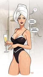 1girl alcohol asami_sato avatar_legends bathroom black_hair black_one-piece_swimsuit breasts champagne cowboy_shot cup drinking_glass english_text eyelashes glass green_eyes highleg highres holding makeup medium_breasts narrow_waist olena_minko one-piece_swimsuit patreon_username red_lips spaghetti_strap speech_bubble swimsuit the_legend_of_korra towel towel_on_head wet