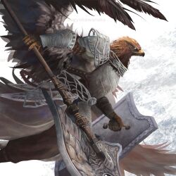 1boy animal_head armor beak bird_boy breastplate elden_ring elden_ring_nightreign feathered_wings guardian_(elden_ring) halberd highres holding holding_polearm holding_shield holding_weapon ougyo_kawanaka pauldrons polearm shield shoulder_armor solo vambraces watermark weapon wings yellow_eyes