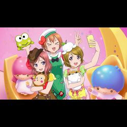&gt;_&lt; 3girls :d anime_coloring blush brown_dress brown_hat cellphone character_doll collarbone corocorokuririn cowboy_hat cowboy_shot crossover doll dress eighth_note figure frog green_dress hamster hand_up hands_up hasunoue_keroppi hat holding holding_doll holding_phone holding_stuffed_toy hoshizora_rin hugging_doll hugging_object kero_kero_keroppi kiki_(little_twin_stars) lala_(little_twin_stars) little_twin_stars looking_at_another looking_at_object looking_at_phone looking_to_the_side love_live! love_live!_school_idol_project medium_hair monkey monkichi_(sanrio) multiple_girls musical_note neck_ribbon nesoberi nishikino_maki official_art open_mouth orange_hair phone puchiguru_love_live! purple_eyes quarter_note raised_inner_eyebrows red_hair ribbon sanrio selfie shirt short_hair sitting smartphone smile star_(symbol) string stuffed_animal stuffed_toy teeth upper_body upper_teeth_only v v-shaped_eyebrows white_hat