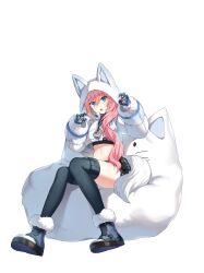 1girl animal_ears belt_pouch black_gloves black_shirt black_thighhighs blue_boots blue_eyes boots claw_pose closers crop_top crop_top_overhang cropped_jacket fake_animal_ears fox_ears fur_trim gloves grey_shorts hair_over_shoulder hands_up highres hood hooded_jacket jacket long_hair long_sleeves looking_at_viewer midriff navel official_art open_mouth pink_hair pouch puffy_long_sleeves puffy_sleeves seulbi_lee shirt short_shorts shorts sitting solo stomach thighhighs thighs turtleneck undershirt white_background white_jacket zipper_pull_tab