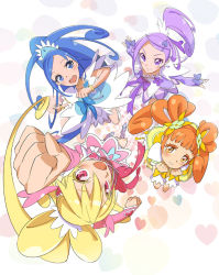 4girls aida_mana blonde_hair blue_bow blue_eyes blue_hair blush boots bow brooch brown_eyes brown_hair choker cure_diamond cure_heart cure_rosetta cure_sword dokidoki!_precure double_bun earrings flower hair_bun hair_ornament heart heart_brooch heart_hair_ornament high_ponytail hishikawa_rikka jewelry kenzaki_makoto long_hair magical_girl mikurou_(nayuta) multiple_girls open_mouth pink_bow pink_eyes ponytail precure purple_eyes purple_hair purple_skirt rose short_hair skirt smile spade spade_hair_ornament thighhighs twintails wrist_cuffs yotsuba_alice